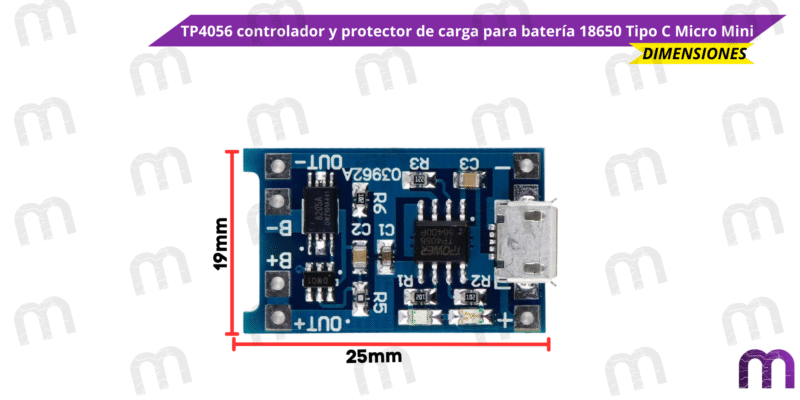 TP4056 controlador y protector de carga para batería 18650 Tipo C Micro Mini