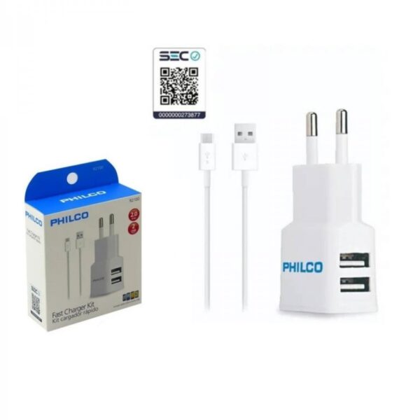 Cargador Philco 2 USB +Cable Micro USB 2A 5V