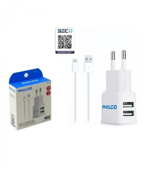 Cargador Philco 2 USB +Cable Micro USB 2A 5V