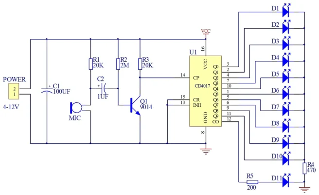diagrama Kit DIY Circuito de LEDs Controlados por Sonido CD4017
