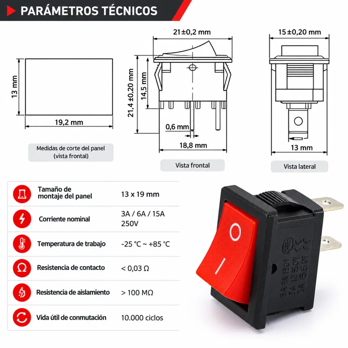 Interruptor KCD1 101 Rojo 2 Pines — vista 2